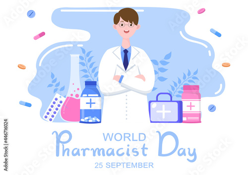 World Pharmacists Day Which Is Held on September 25th. Doctor, Medicine and Pills Concept. For Background, Banner or Poster Landing Page Vector Illustration