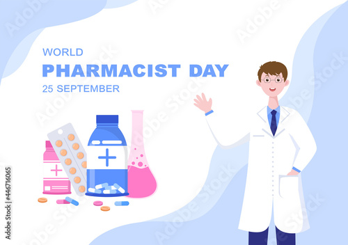 World Pharmacists Day Which Is Held on September 25th. Doctor, Medicine and Pills Concept. For Background, Banner or Poster Landing Page Vector Illustration
