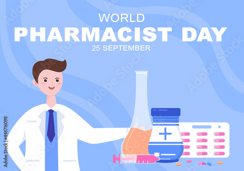World Pharmacists Day Which Is Held on September 25th. Doctor, Medicine and Pills Concept. For Background, Banner or Poster Landing Page Vector Illustration