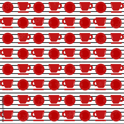 Striped pattern with red cups and plates. Vector illustration. For menus, cafes and restaurants, flyers, prints and packaging, crockery shops, fabrics, covers and brochures.