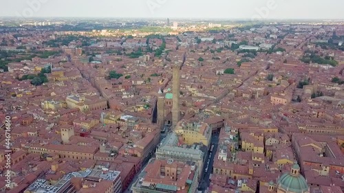 Iconic Landmark Of Two Towers At Plaza Di Porta Ravegnana In Bologna City, Italy. aerial photo