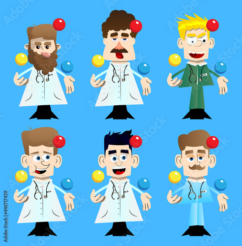 Funny cartoon doctor juggler. Vector illustration. Funny health care worker.