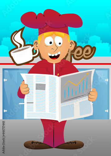 Fat male cartoon chef in uniform reading newspaper. Vector illustration.