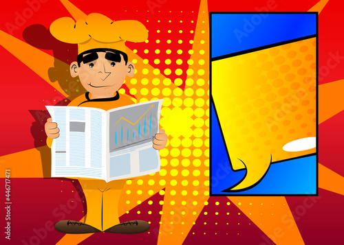 Fat male cartoon chef in uniform reading newspaper. Vector illustration.