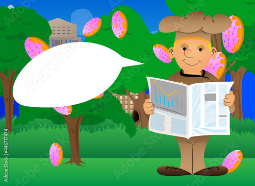 Fat male cartoon chef in uniform reading newspaper. Vector illustration.