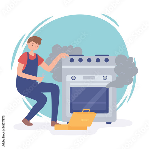 man repairing damaged oven