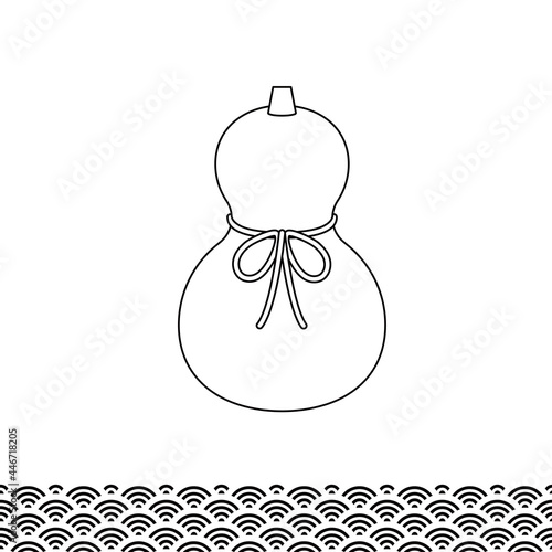 日本のお正月に飾る縁起の良いひょうたんと和柄。 線画のベクターイラスト。 年賀状に最適です。