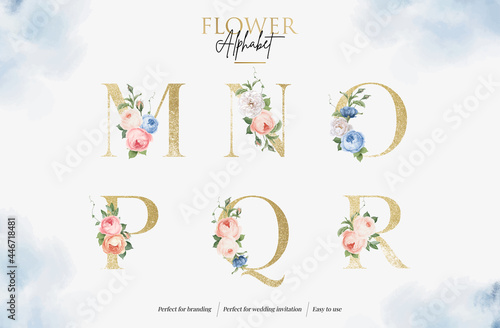set watercolor floral alphabet with golden letter