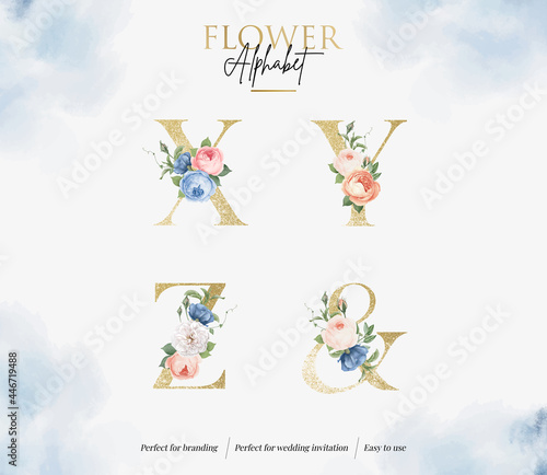 set watercolor floral alphabet with golden letter