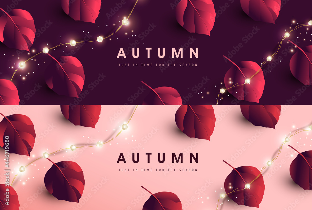 Autumn banner background with Variety of autumn leaves falling and led string lights  