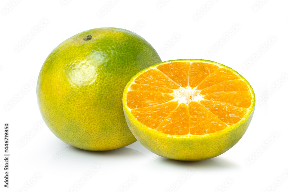 Tangerine (clementine) orange fruit and cut in half slice isolated on white background. Tangerine (clementine) orange fruit and cut in half slice isolated on white background.