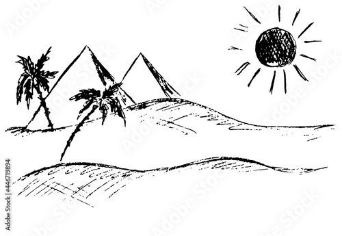 Graphic abstract image of the desert with palm trees, pyramids and the sun