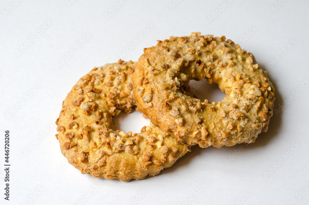 Two Peanut Cookie Rings on a light background. Crunchy delicious Two Peanut Cookie Rings on a light background. Crunchy delicious