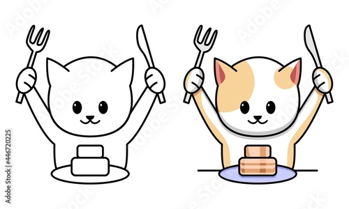 Cute cat eating cake coloring page for kids