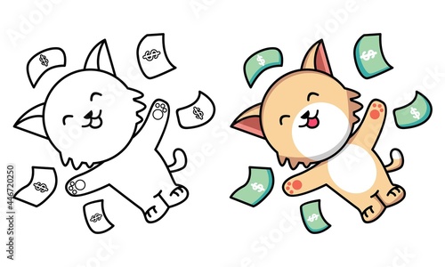 Cute cat with a lot of money coloring page for kids