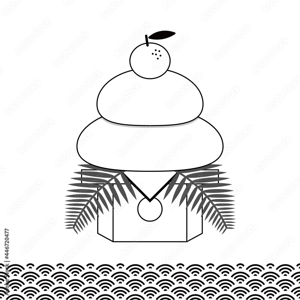 日本のお正月に飾る縁起の良い鏡餅と和柄。線画のベクターイラスト。年賀状に最適。 日本のお正月に飾る縁起の良い鏡餅と和柄。線画のベクターイラスト。年賀状に最適。