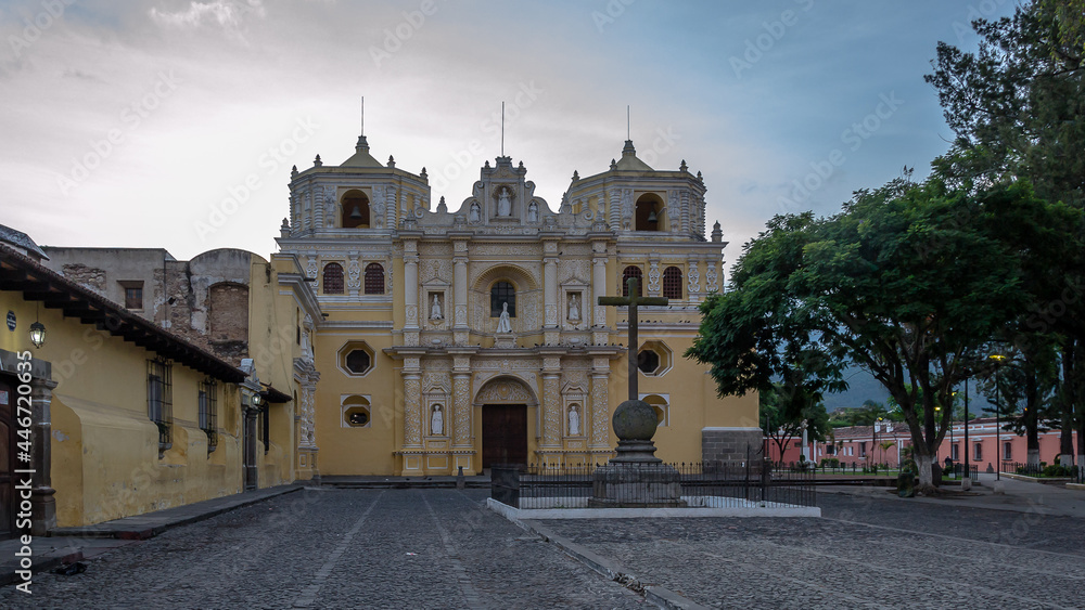 View of La Merced baroque church during a peaceful and beautiful sunrise in the colonial city of Antigua Guatemala, Central America