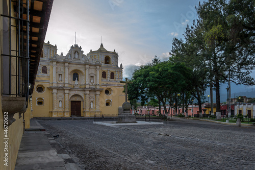 View of La Merced baroque church during a peaceful and beautiful sunrise in the colonial city of Antigua Guatemala, Central America