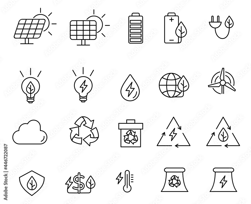 Fototapeta premium Renewable energy icons set. Line vector, clean power stations icons.