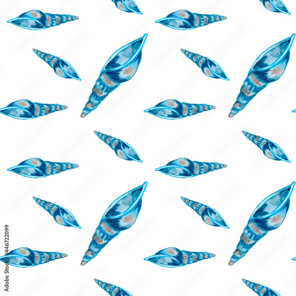 Fototapeta premium Watercolor corals. Seamless pattern with the underwater world sea animals.Paper Watercolor Blue Pattern.Splashy Seashell,Jellyfish,Fairy mermaids.