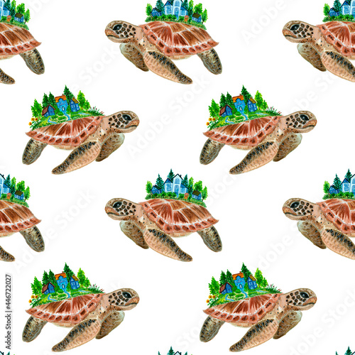 Watercolor seamless pattern turtles sea brown . Seamless pattern with the underwater world sea animals.Paper Watercolor Blue Pattern.Splashy Seashell Jellyfish Fairy mermaids.