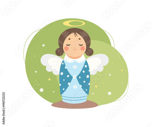 Cute Christmas Angel Girl with wings and nimbus praying isolated with halo. Blue Vector modern statuette illustration.