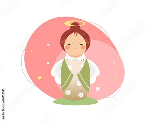 Cute Christmas Angel Girl with bun on head and nimbus praying isolated with halo. Green Vector modern statuette illustration.