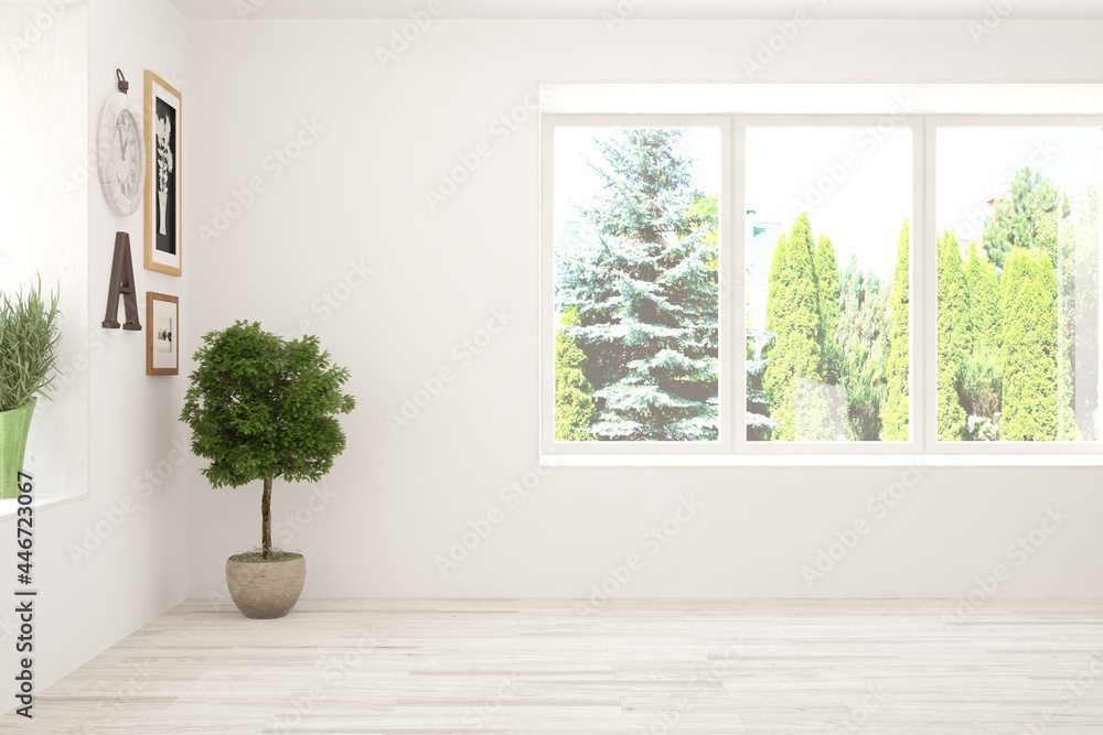 White empty room with summer landscape in window. Scandinavian interior design. 3D illustration White empty room with summer landscape in window. Scandinavian interior design. 3D illustration