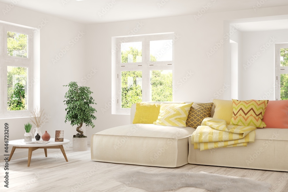 Fototapeta premium White living room with sofa and summer landscape in window. Scandinavian interior design. 3D illustration