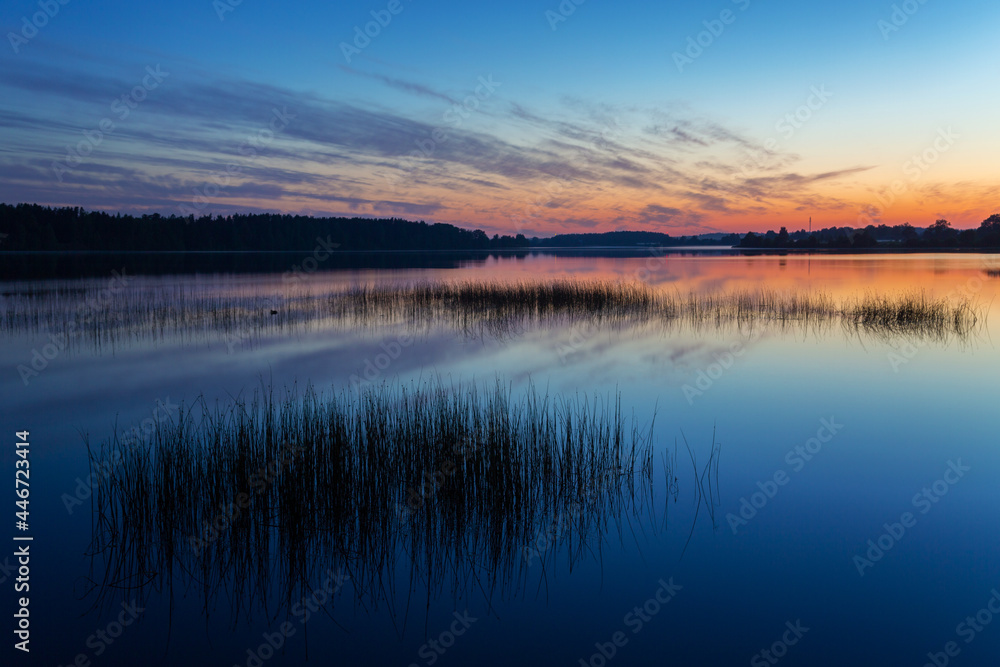 An early blue sunrise over a quiet, mirror-like surface of water on the reed-covered Daugava River with wavy purple clouds