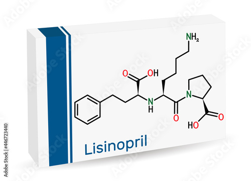 Lisinopril molecule. It is dipeptide, ACE inhibitor used to treat hypertension, heart failure, heart attacks. Skeletal chemical formula. Paper packaging for drugs
