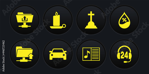 Set FTP folder upload, Water drop percentage, Car, Music book with note, Tombstone cross and Burning candle in candlestick icon. Vector