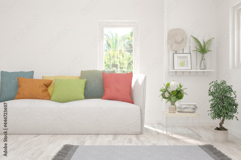 White living room with sofa. Scandinavian interior design. 3D illustration White living room with sofa. Scandinavian interior design. 3D illustration