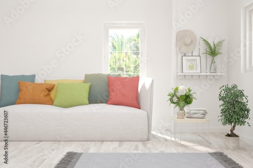 White living room with sofa. Scandinavian interior design. 3D illustration