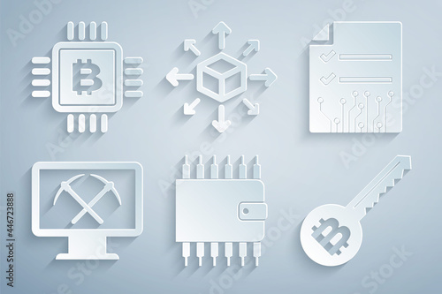 Set Cryptocurrency wallet, Smart contract, Mining with monitor and pickaxe, key, Distribution and CPU mining farm icon. Vector