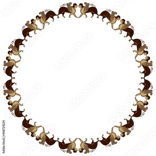 Round animal frame with antique sphinxes. Ancient Greek mythology. Fantastic winged female lion.