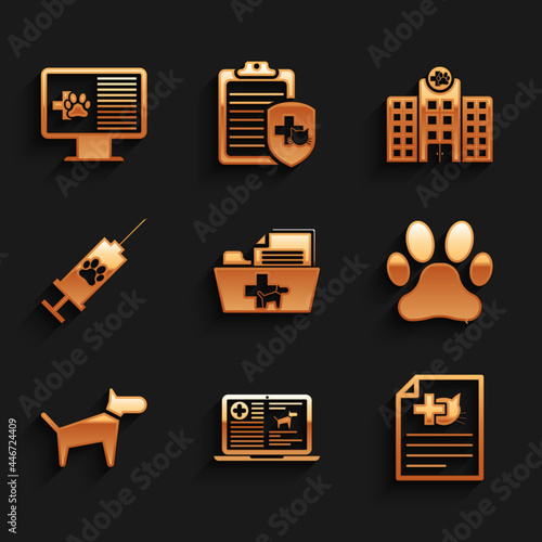 Set Medical veterinary record folder, Clinical dog on laptop, certificate for cat, Paw print, Dog and Syringe with pet vaccine icon. Vector
