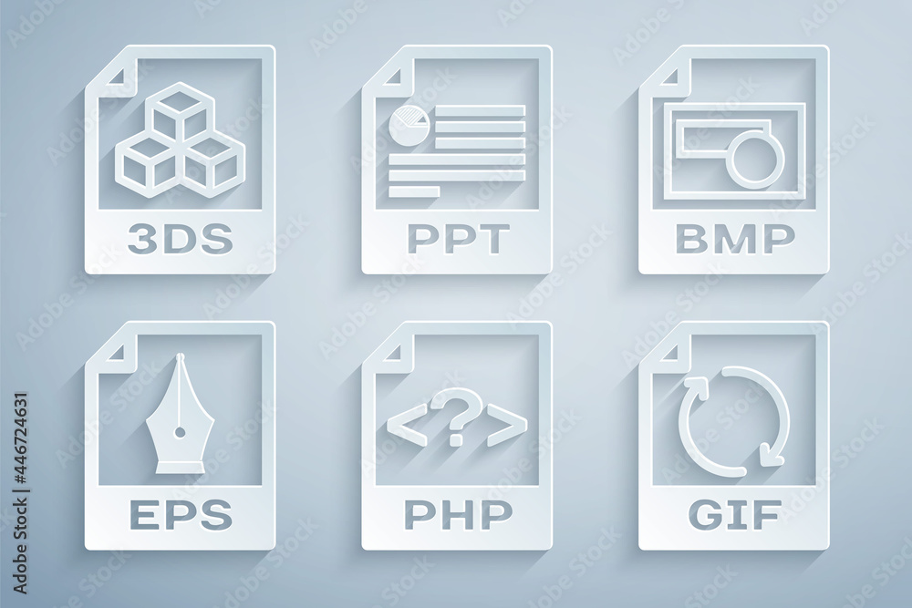 Set PHP file document, BMP, EPS, GIF, PPT and 3DS icon. Vector Set PHP file document, BMP, EPS, GIF, PPT and 3DS icon. Vector