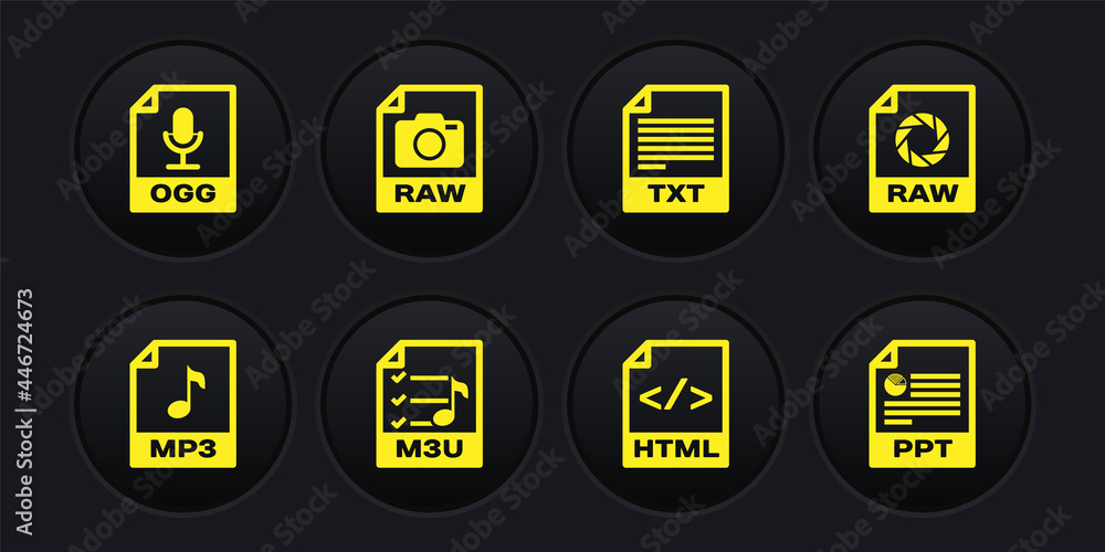 Set MP3 file document, RAW, M3U, HTML, TXT and icon. Vector Stock Vector |  Adobe Stock