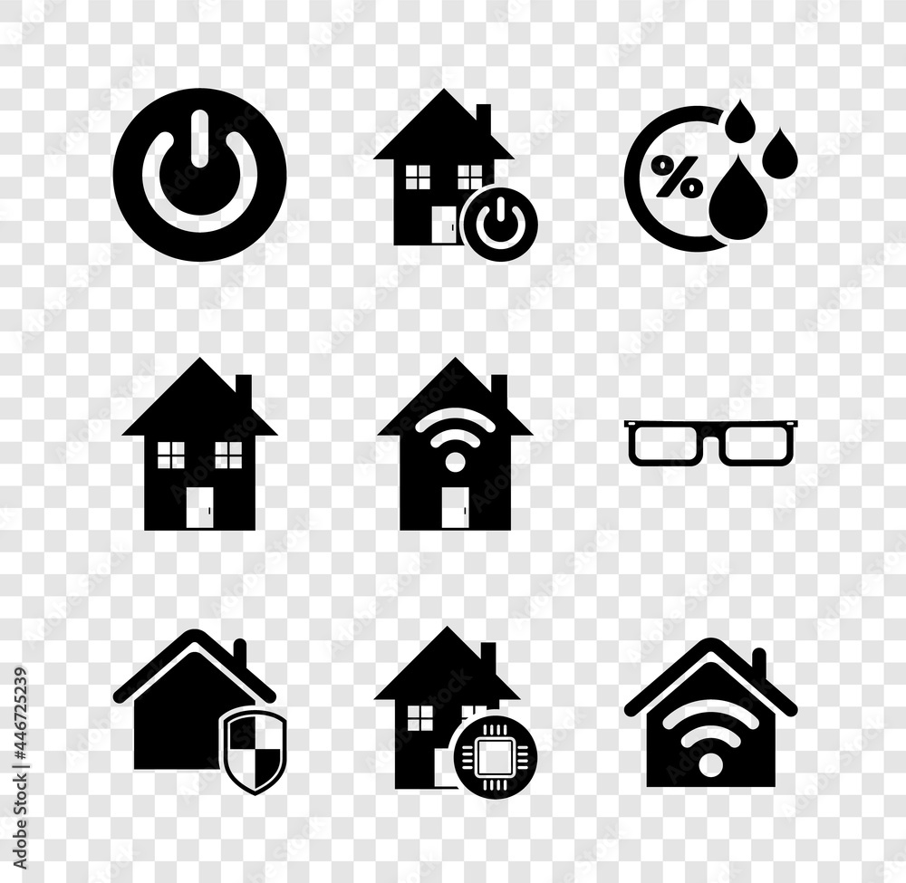 Set Power button, Smart home, Humidity, House under protection, with wi-fi, and icon. Vector Set Power button, Smart home, Humidity, House under protection, with wi-fi, and icon. Vector