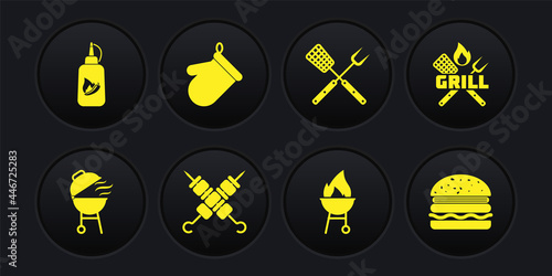 Set Barbecue grill, Crossed fork and spatula, Grilled shish kebab, Oven glove, Burger and Ketchup bottle icon. Vector