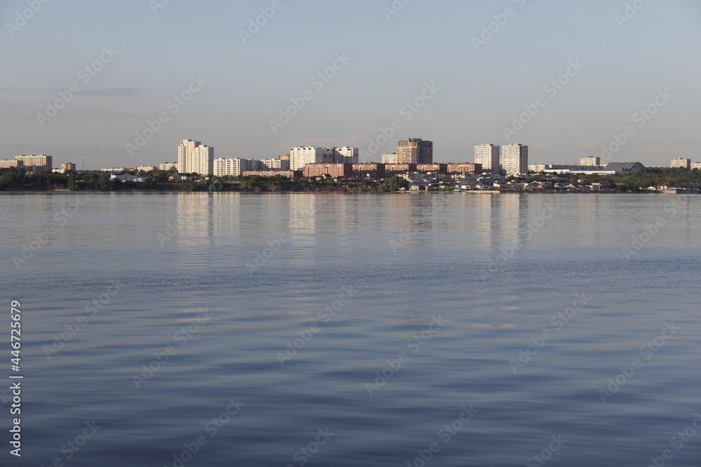 View from the Volga river to the city of Togliatti. Togliatti city on the river bank.