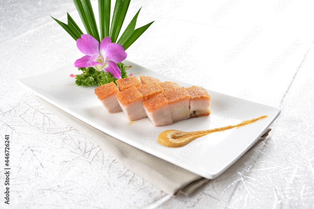 deep fried bbq crispy fragrant fat pork belly meat with chef sweet dark