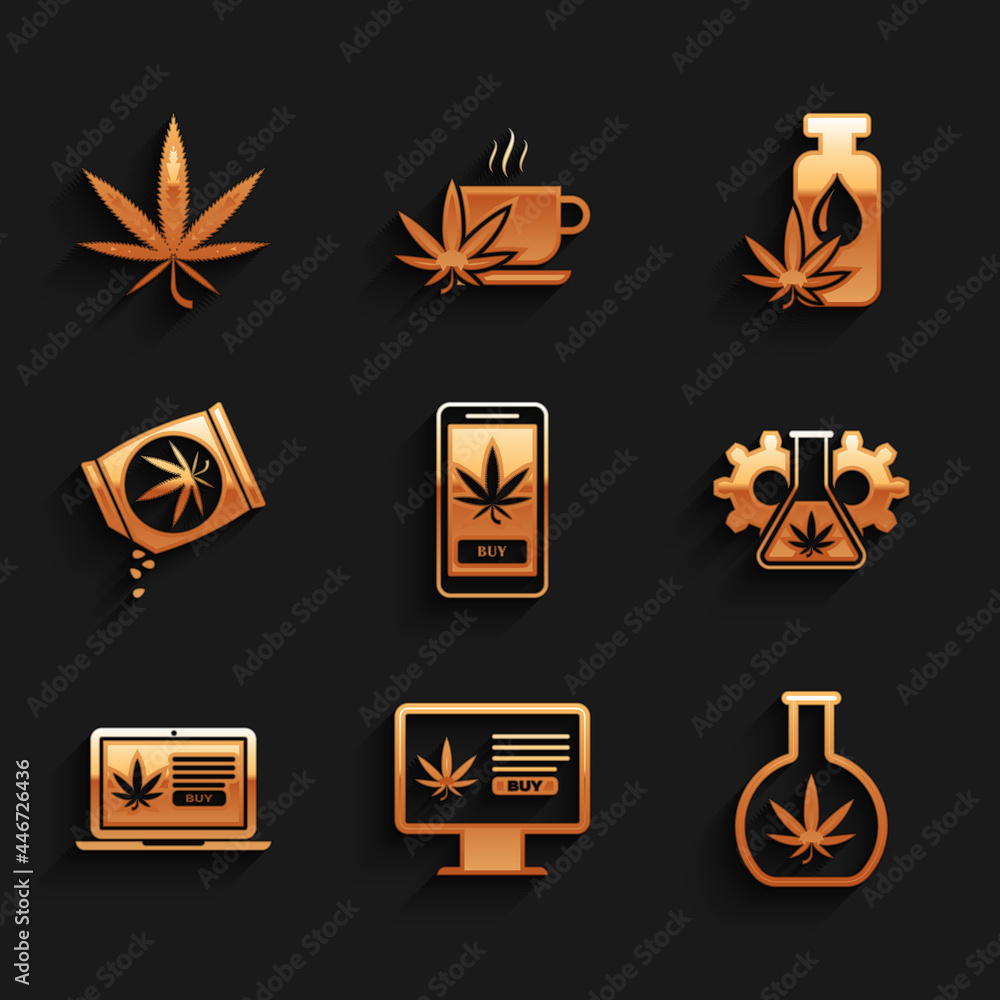 Set Online buying marijuana, Test tube with, Marijuana or cannabis seeds, leaf oil and icon. Vector Set Online buying marijuana, Test tube with, Marijuana or cannabis seeds, leaf oil and icon. Vector