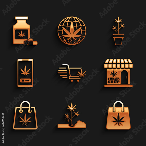 Set Shopping cart with marijuana, Planting, bag of, Marijuana and cannabis store, Online buying, plant pot and Medical bottle icon. Vector