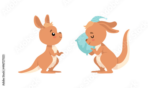 Cute Baby Kangaroo with Soft Pillow and Night Cap Vector Set