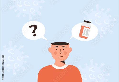 A male person confuse. Man thinking about Covid-19 Vaccination. Choosing Coronavirus Vaccine. Medication bottle and question mark. Vector illustration in flat style