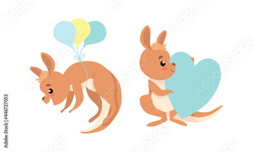 Cute Baby Kangaroo Flying with Balloons and Holding Heart Vector Set