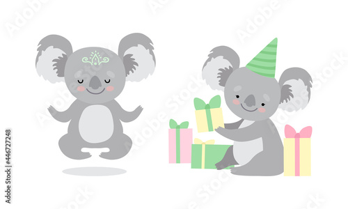 Cute Gray Koala Bear Meditating in Lotus Yoga Pose and Holding Gift Box Vector Set