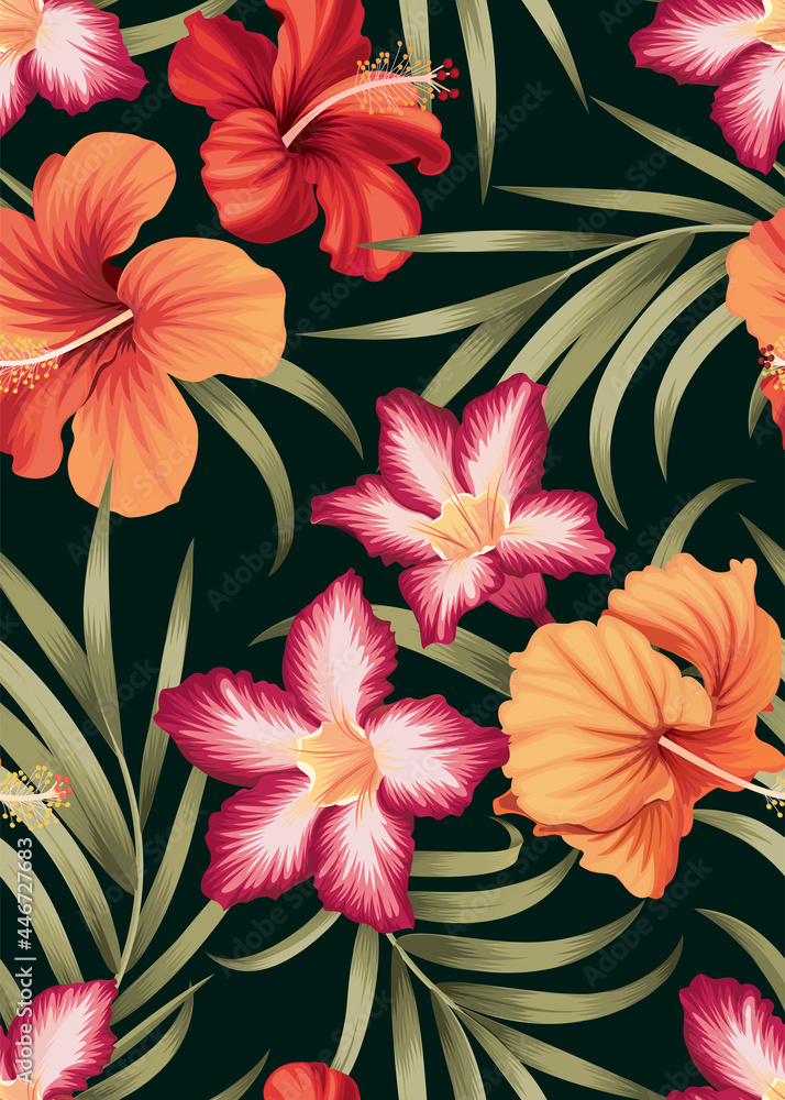 Seamless pattern of hibiscus flowers and palm leaf background template ...